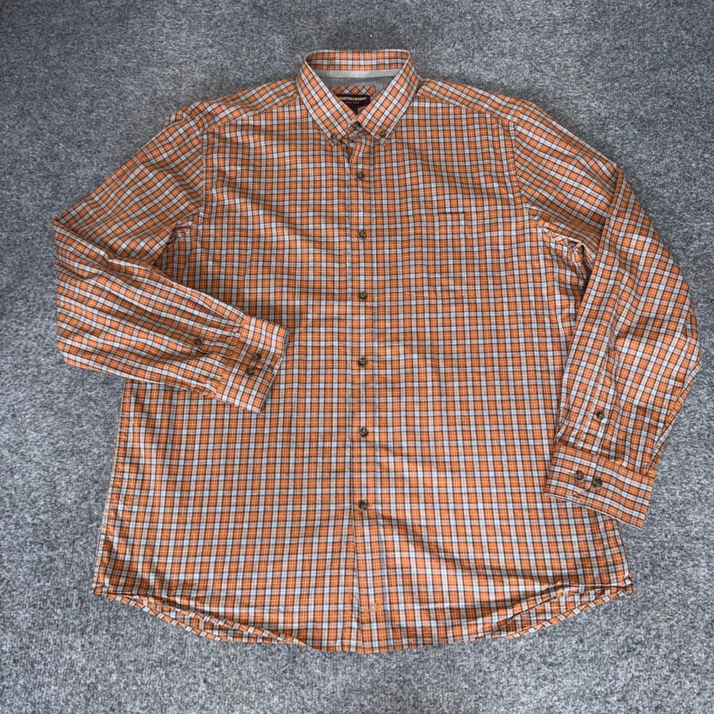 Johnston & Murphy Mens XL Orange Plaid Cotton Button Shirt Long Sleeve Classic